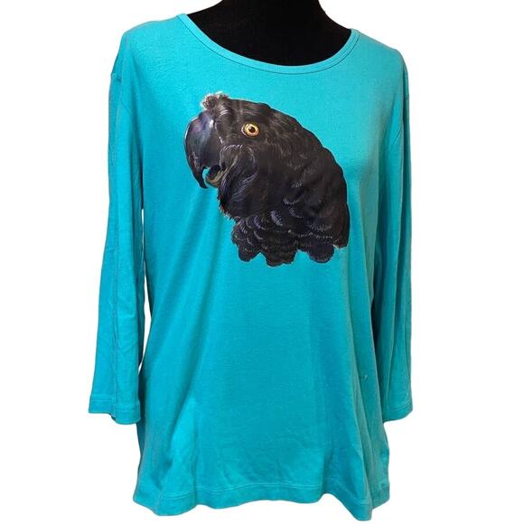 Upcycled Hand Printed Womens XL Black Parrot Bird Ukraine Artist Fundraiser Tee - Picture 1 of 4